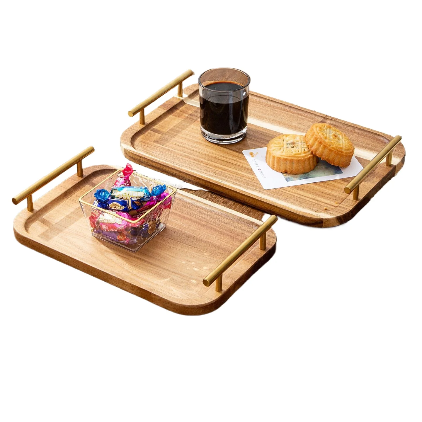 

Японский деревянный поднос для димсамов, чайный поднос, для дома, гостиной, хранения, легкий люкс, прямоугольный, с золотой ручкой, для чая