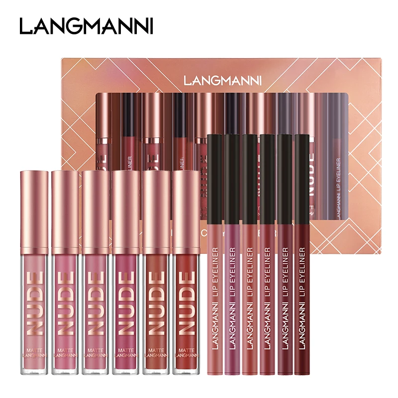 12 pieces of lip glaze lipliner set 6+6 lip gloss lipliner combination is not easy to touch the cup of matte lip gloss lipstick