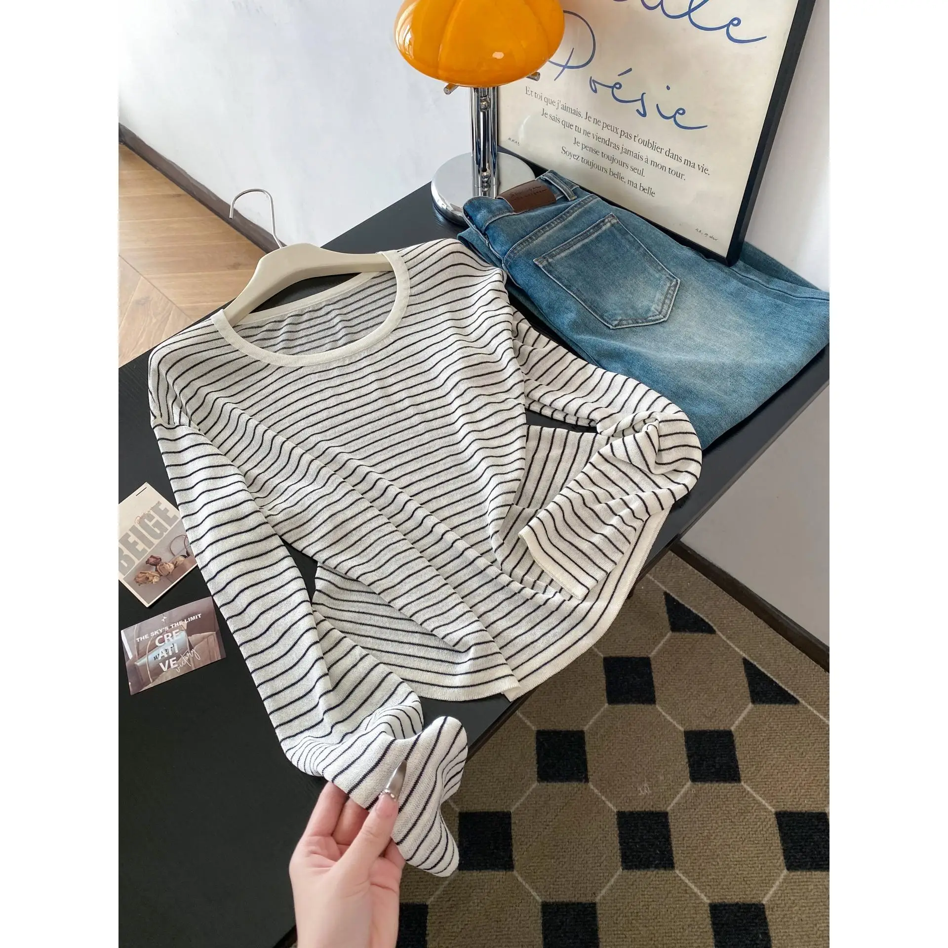 

Свободная женская футболка в полоску с длинным светом и прозрачным дизайном, модная повседневная осенняя новинка, поступление