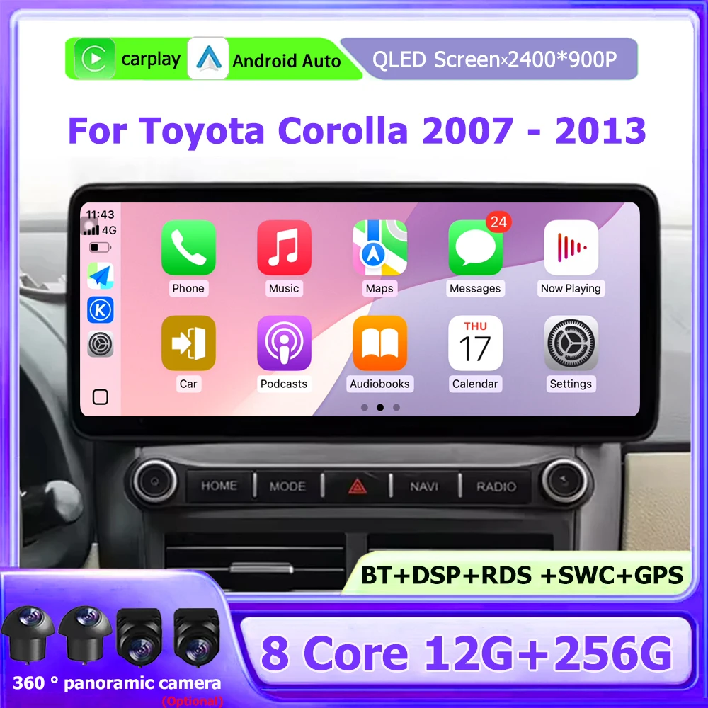 Autoradio Multimedia Video Player GPS Navigatie QLED Touchscreen Voor Toyota Corolla 2007-2013 Android 16 CarPlay Bluetooth DSP