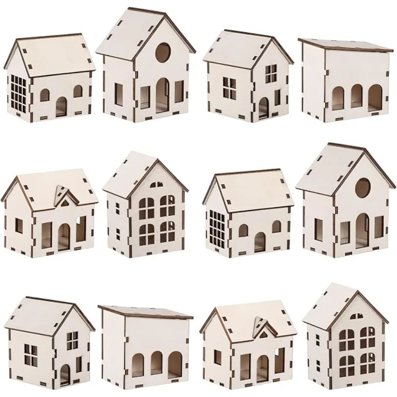 Christmas DIY Wooden Village Houses for Crafts Accessories Wood House to Paint Winter Snow Xmas Display Ornaments Craft Gift