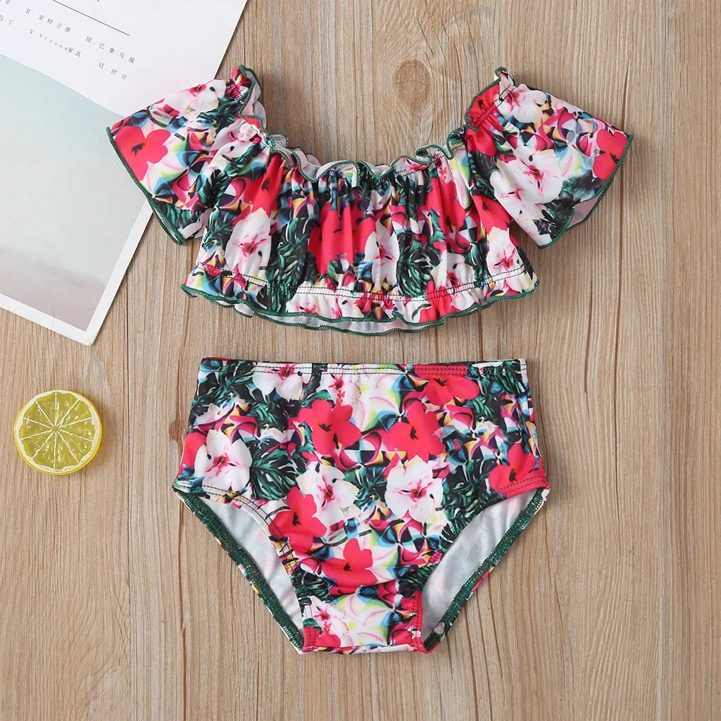 Baby Kids Girls Summer Short Sleeve Ruffle Flower Print Swimsuit Top Shorts Set Bikinis for Kids Bikini Jumpsuit