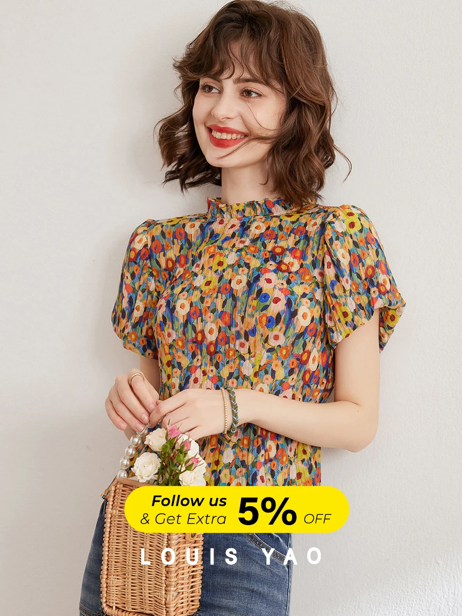 LOUIS YAO Floral Shirt 2024 Summer French Style O Neck Short Sleeve Elegant Blouses Pullover Top