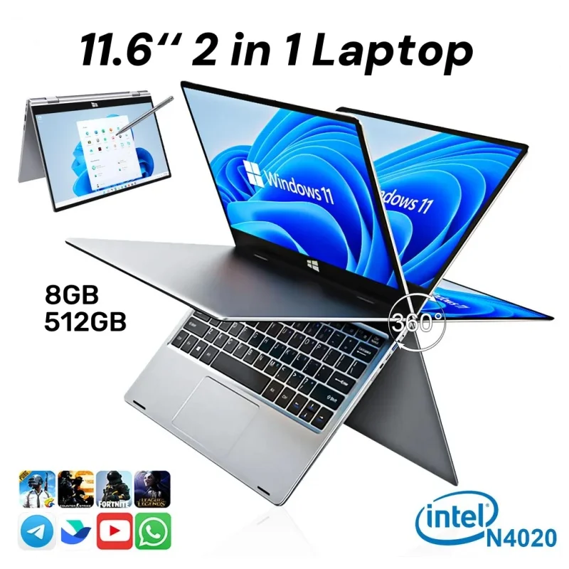 

Мини-ноутбук 2 в 1, портативный сенсорный экран 11,6 дюйма, Intel N4020, 8 ГБ, 512 ГБ, Windows 11 Pro, офисный обучающий планшетный ПК, ноутбук