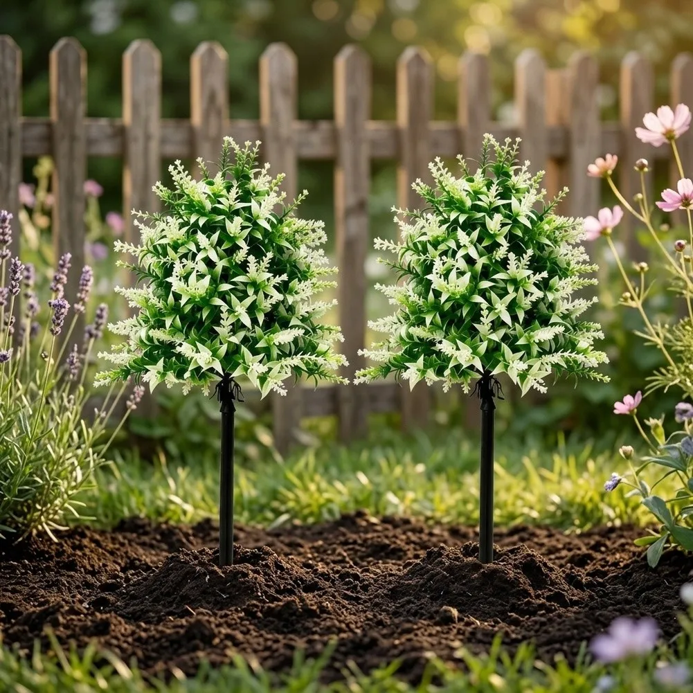 2PCS Realistic Artificial Lavender Plants 48cm White Green ABS Plastic Fake Shrubs With Ground Stake Low Maintenance Outdoor Gar