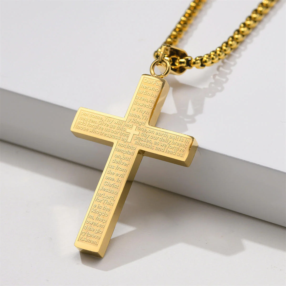 Modische Kreuzkette, goldfarben, Anhänger und Kette aus Edelstahl für Herren, Geschenk, christlicher Schmuck, Accessoires. – Detail 5