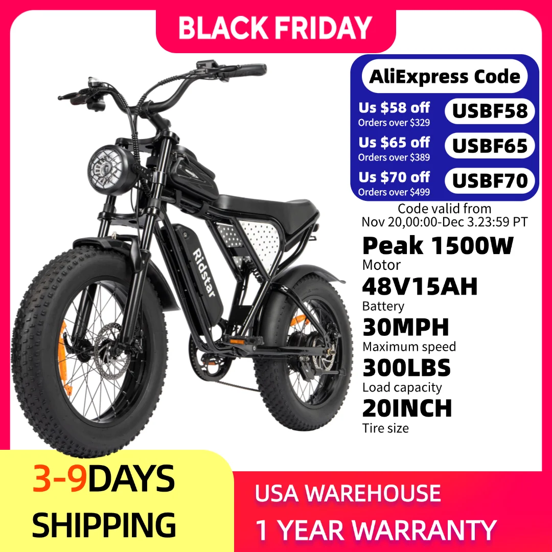

Ridstar Q20Lite Electric Bicycle 1500W Motor 48V15AH Lithium Battery 30MPH Electric Bike 20x4" Fat Tire Snow E-bike for Adults