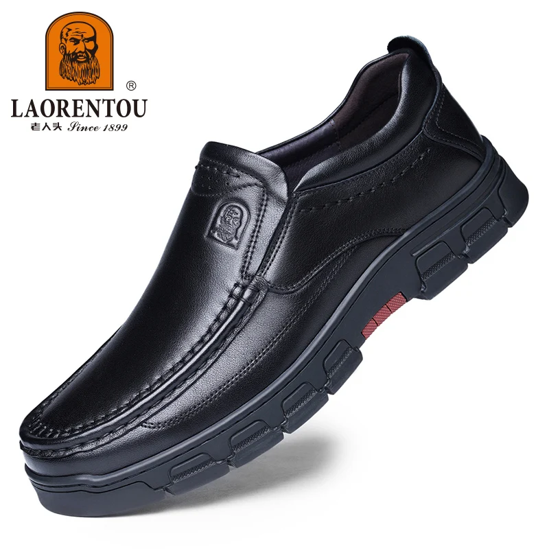 LAORENTOU cowhide breathable business casual leather shoes with thick soles and wear-resistant round toe black leather shoes