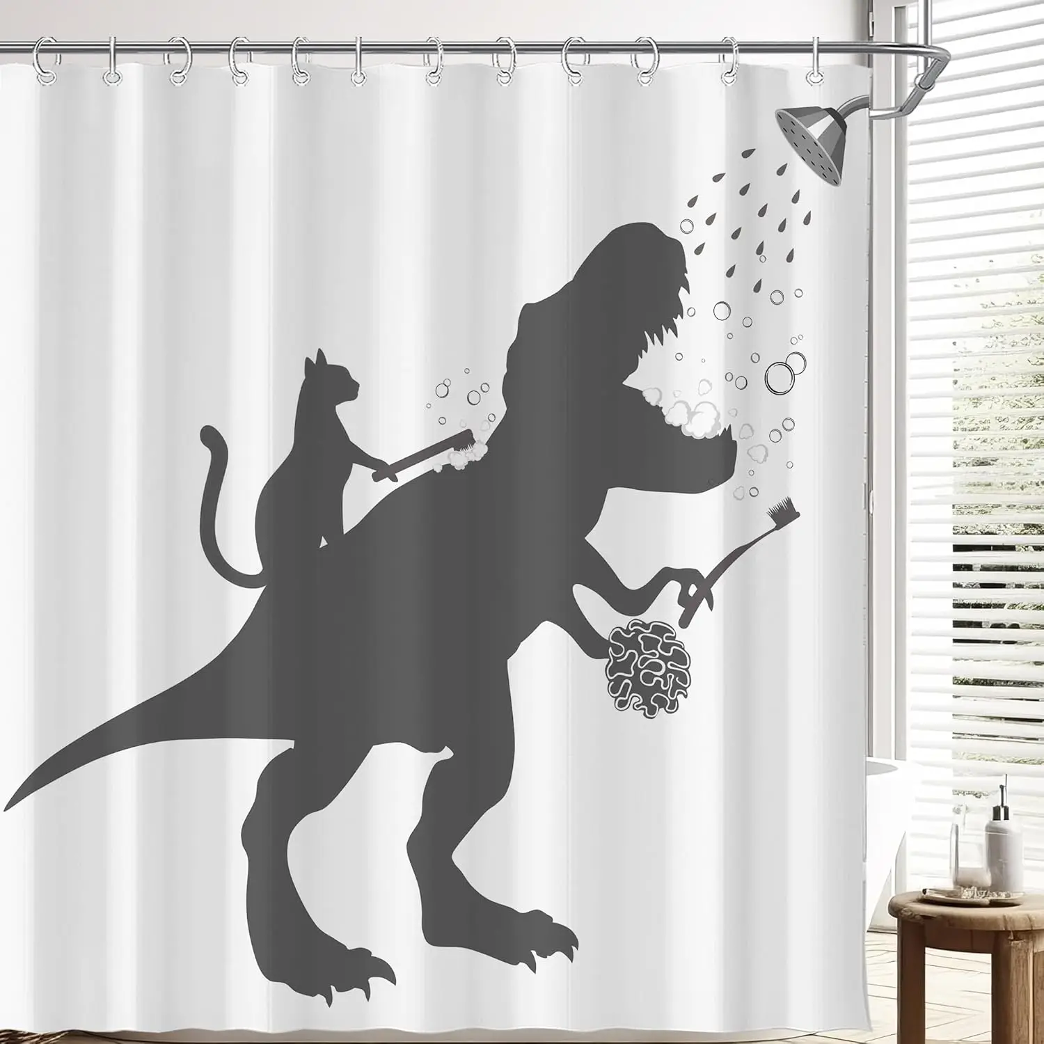 Humorous shower curtain cat riding dinosaur T Rex silhouette bathroom decoration funny animal print waterproof fabric novelty