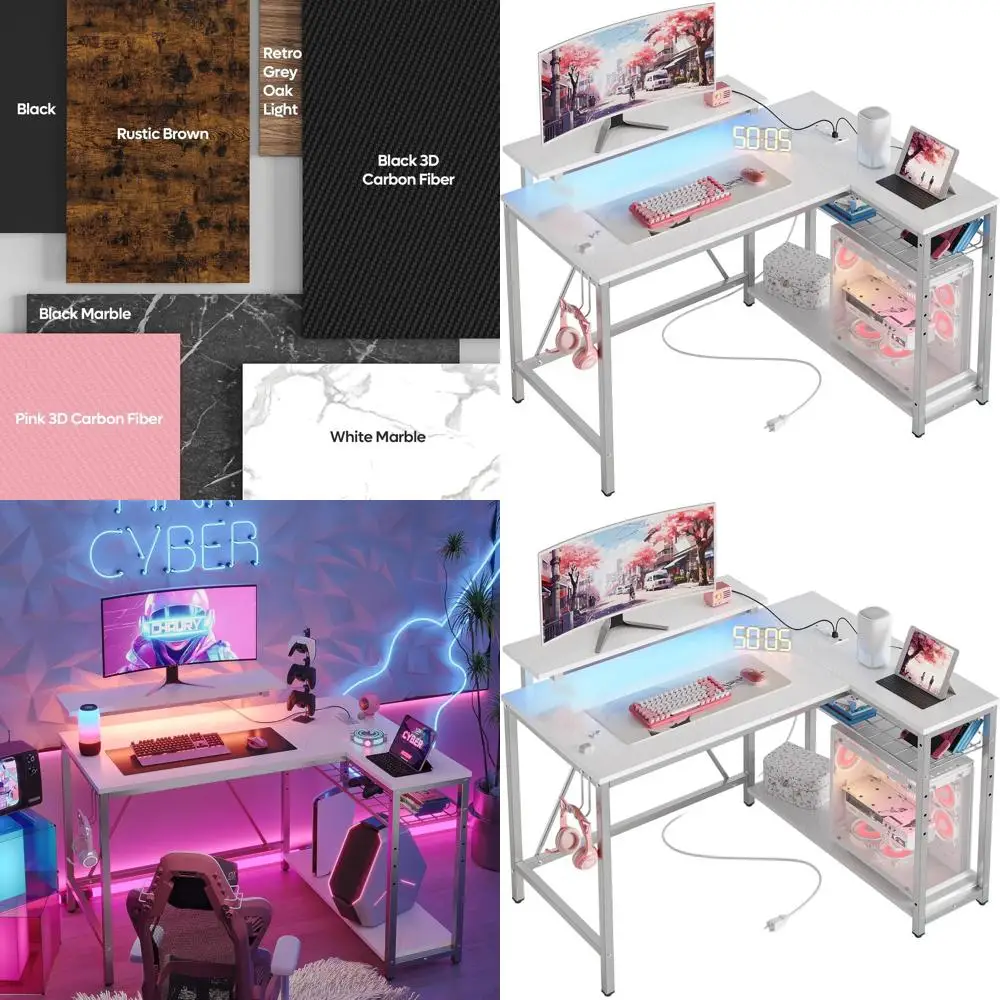 

Современный игровой стол с 42 светодиодами, зарядная станция и хранилище, компактный L-образный офисный стол с крючками