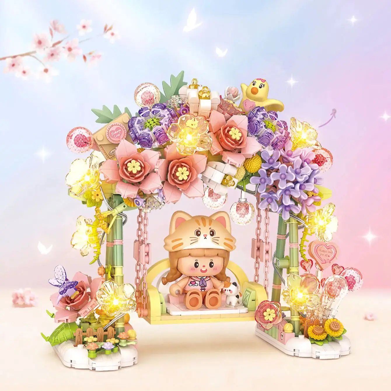 Loz New Product Beautiful Garden Flower swing mini building blocks with lights for birthday gifts desktop decoration