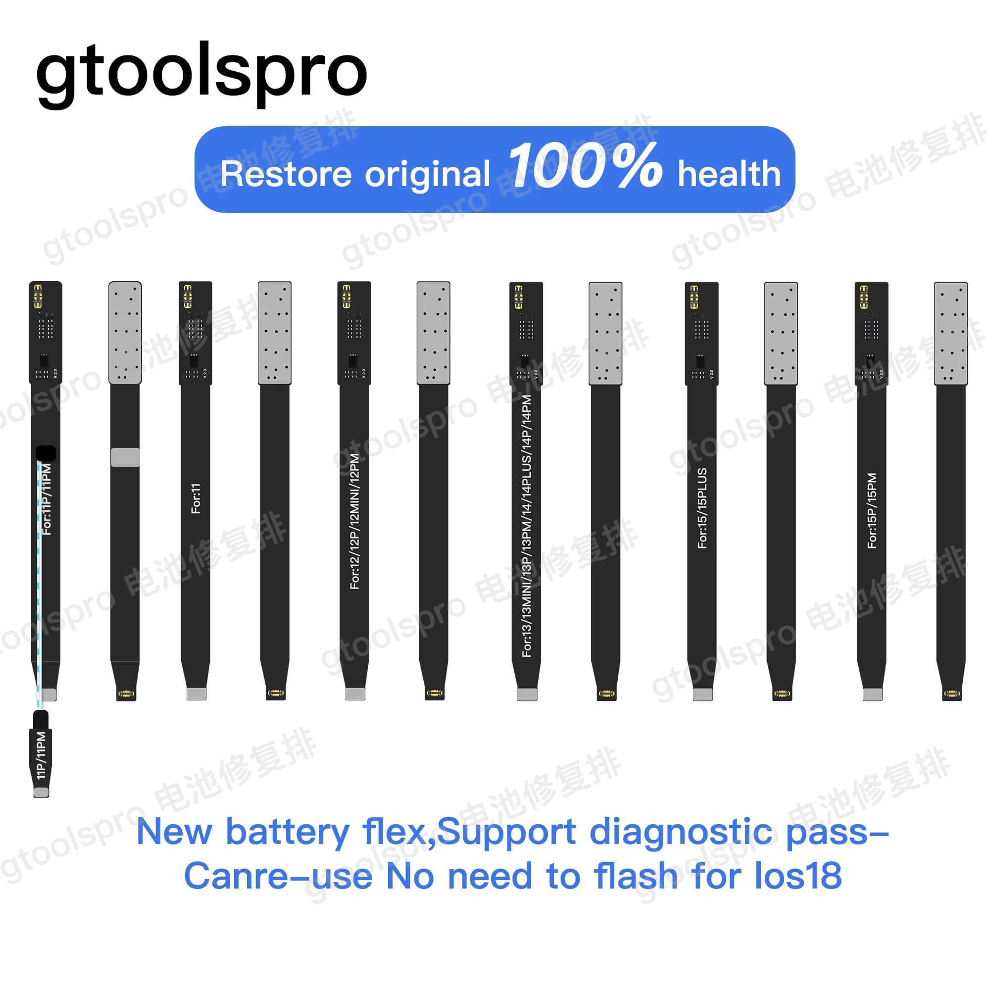 Gtoolspro New Battery Flex Self Change 100% Health Support Pass diagnostic For iPhone 12/13/14/15 Pro Max No Need Flash System