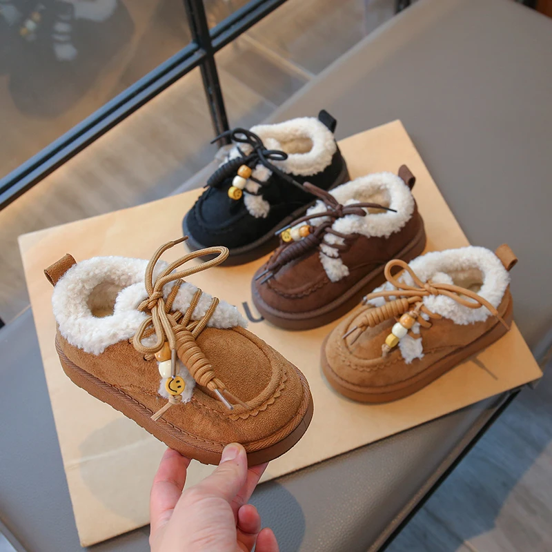 Wintermode für Kleinkinder, Mädchen, Stiefeletten aus Wildleder, warm gefüttert, mit Schnürung, bequem, weich, klobige Stiefel für den täglichen Gebrauch im Freien. – Detail 3