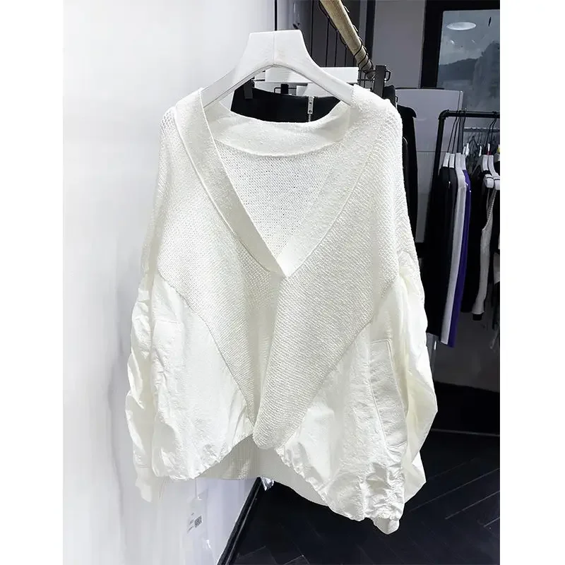 Jersey de manga larga con cuello en V para Mujer, Jersey de punto, Tops de retazos coreanos, suéteres de moda para Mujer, Otoño, nuevo, 2024