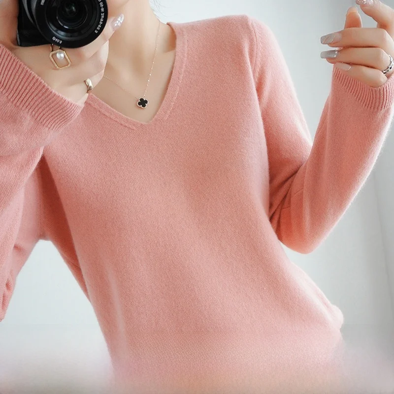 Loose Long Sleeve V-Neck Knitwear Women's Fashionable Base Layer Turtleneck Pure Color Versatile Woolen Sweater Autumn Winter...
