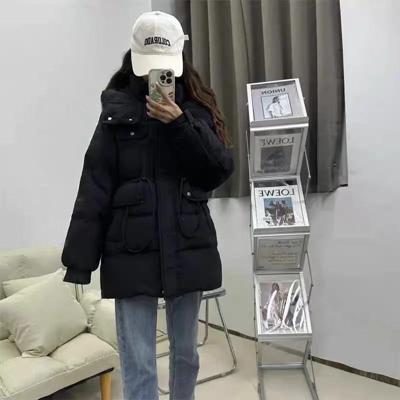 Winter Hooded Drawstring Mid Length Down Jacket Female Thick Warm Loose Jacket Women White Duck Down Multi Pocket Parker Outwear