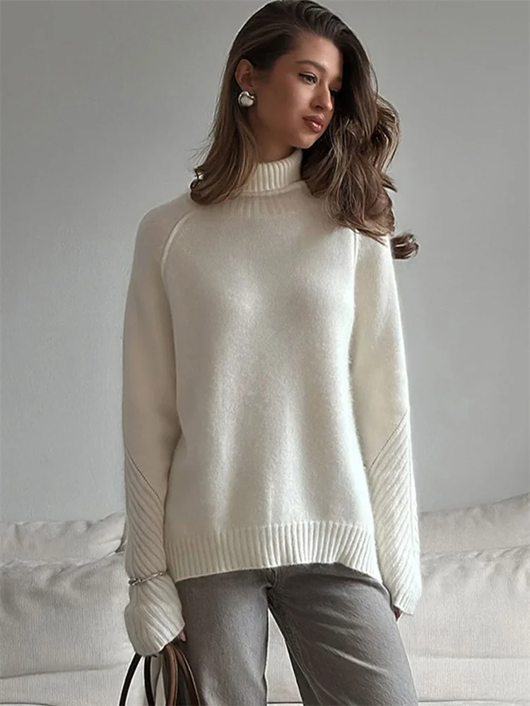 

White Knitwear Casual Turtleneck Pullover For Women Ribbed Patchwork Autumn Loose Top Fashion Ladies Knit Pullover