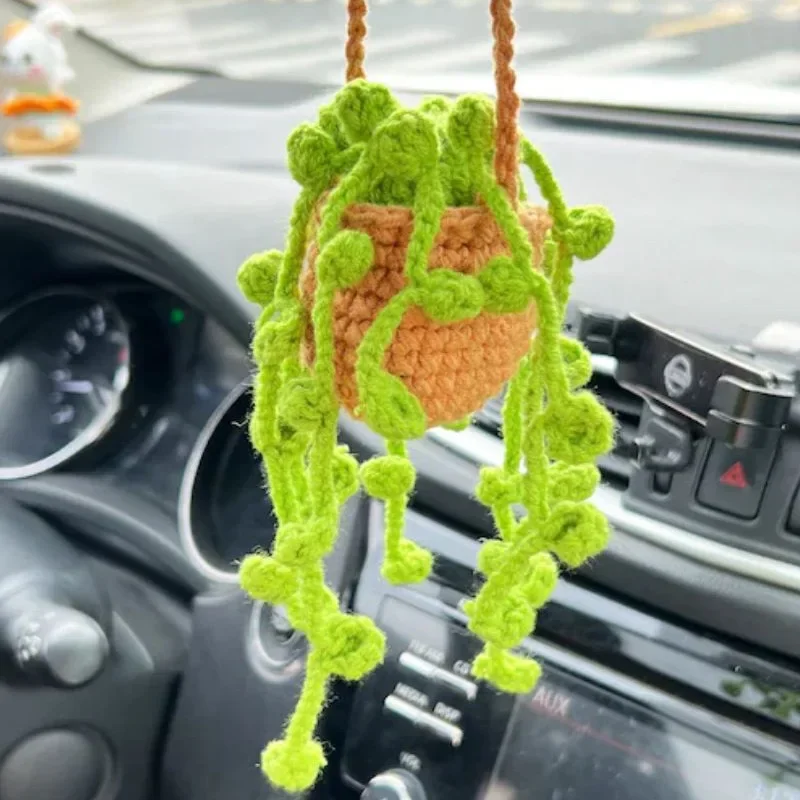 2025 New Car Hanging Hand-crocheted Hanging Orchid Potted Wool Pendant Car Rearview Mirror Creative Pendant