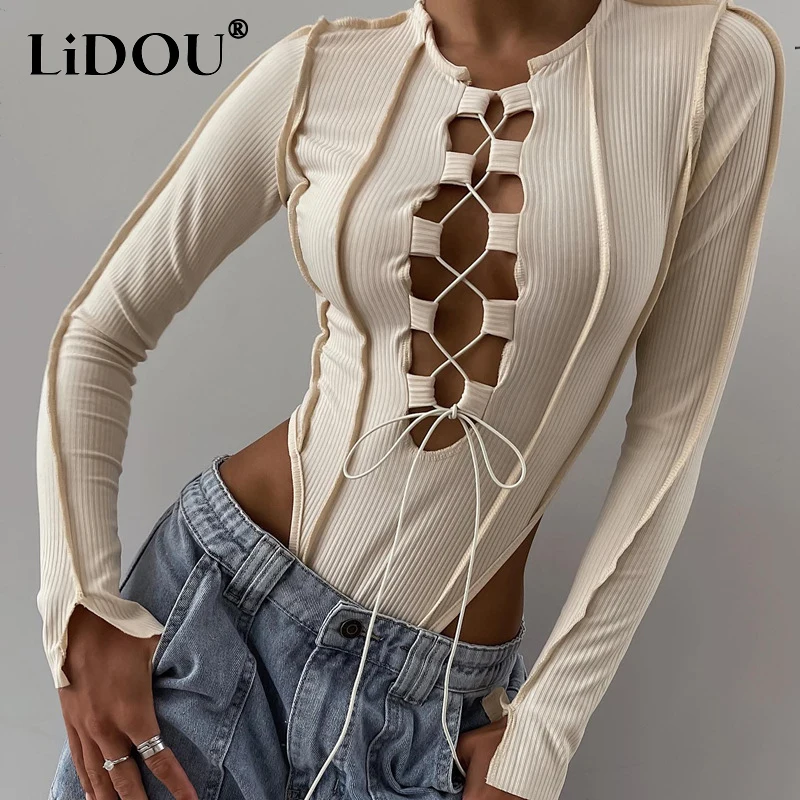 Summer New Sexy Hollow Out Lace Up Jumpsuit Ladies Long Sleeve Solid Color Slim Rompers Women's Trend Fashion Playsuits Bodysuit