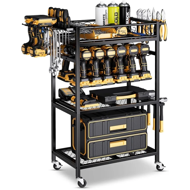 Organizer voor elektrisch gereedschap met wielen - 12 draadloze boorhouders, rollende gereedschapswagen, 4-laags robuuste metalen garageopslagplanken