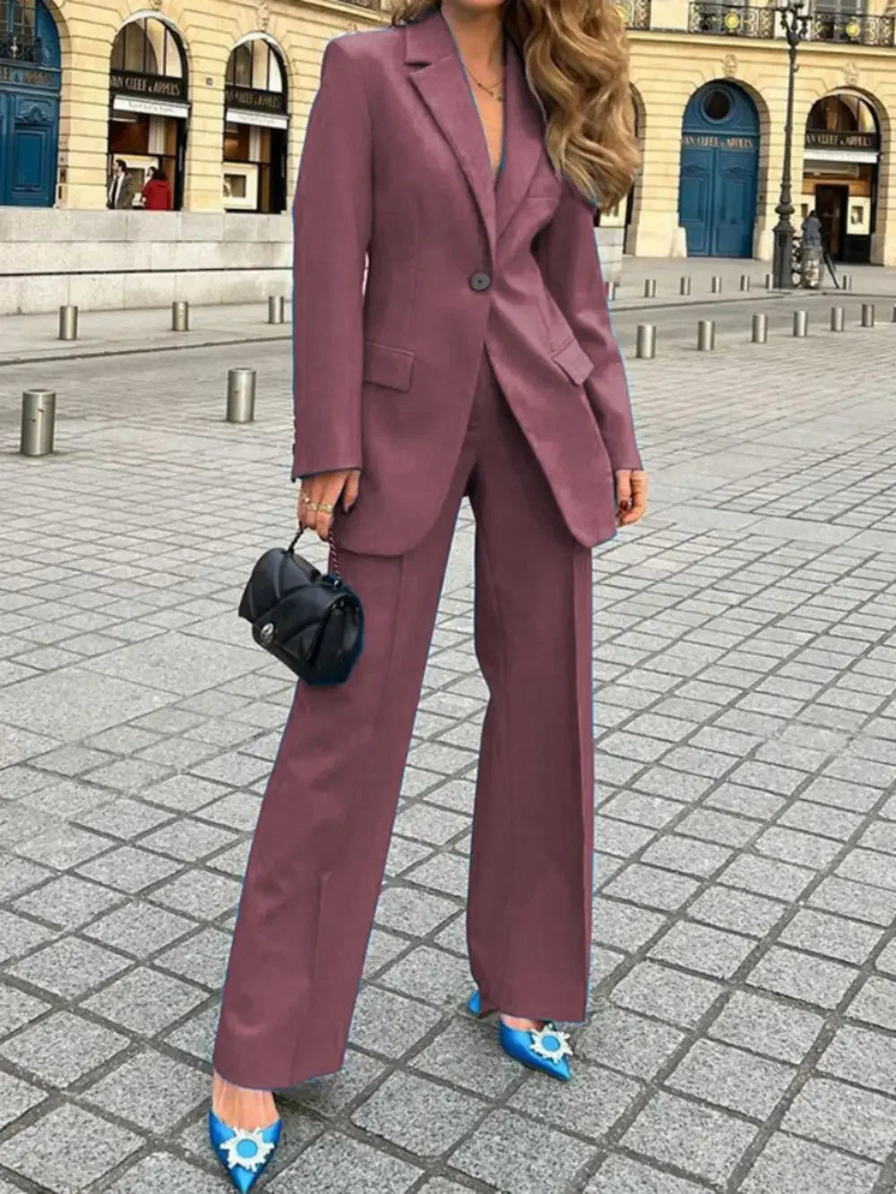 New Women Suits Fashion Single Buttons Business Blazer Solid Casual Coat Trousers 2 Pcs Set Office Ladies Wear Wide-Leg Pants