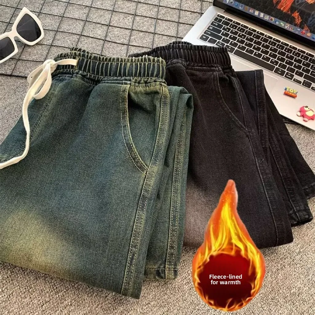 

American Sle Retro Cleanfit Thiened Fce Lined Men's Jeans Winter High Street Loose Straight Leg Long Trousers