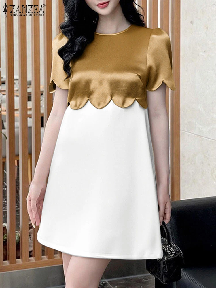 

ZANZEA Short Sleeve Summer Sundress Women Elegant Office Dress 2025 Casual Color Patchwork Vestidos Loose A-Line Mini Robe