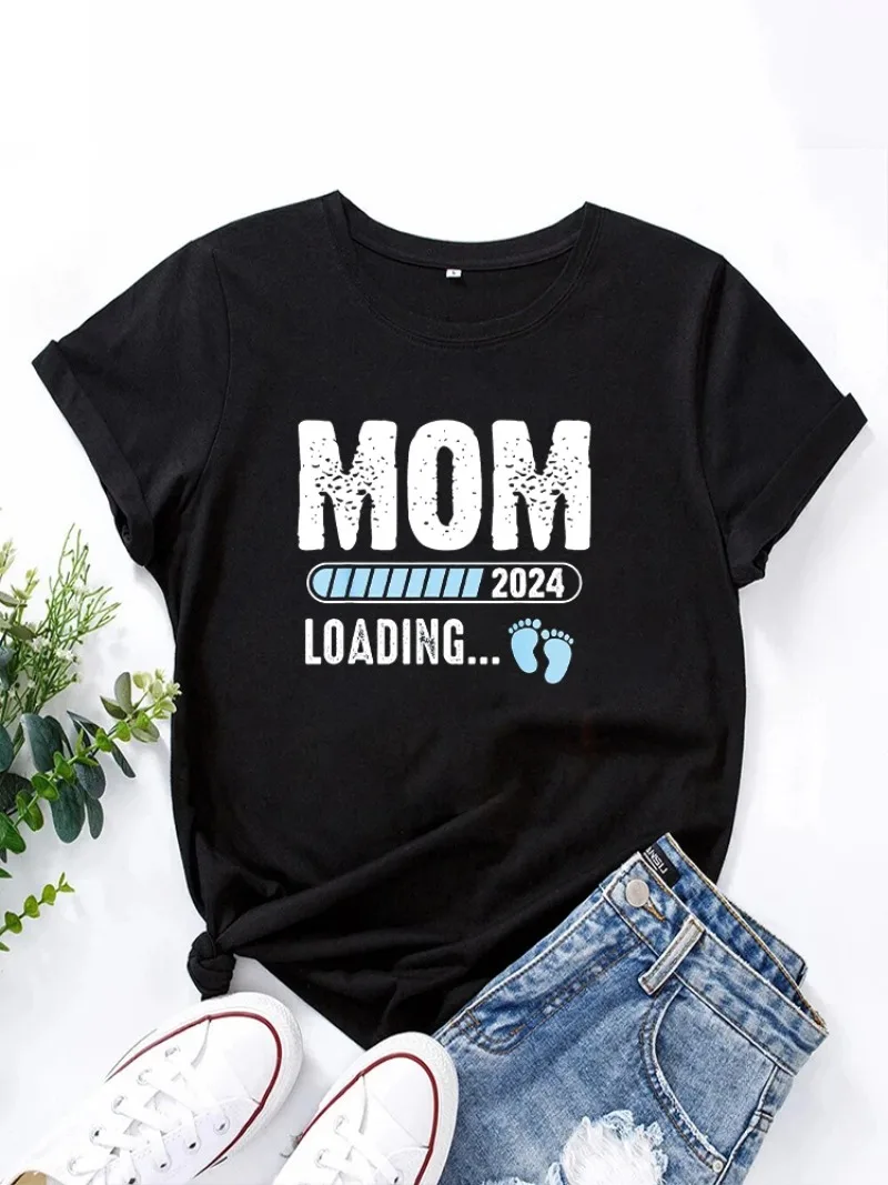 Mom 2024 Loading Women T Shirt Summer Fashion Short Sleeved T-shirt Printed O-neck Casual T-shirt Women's Clothing