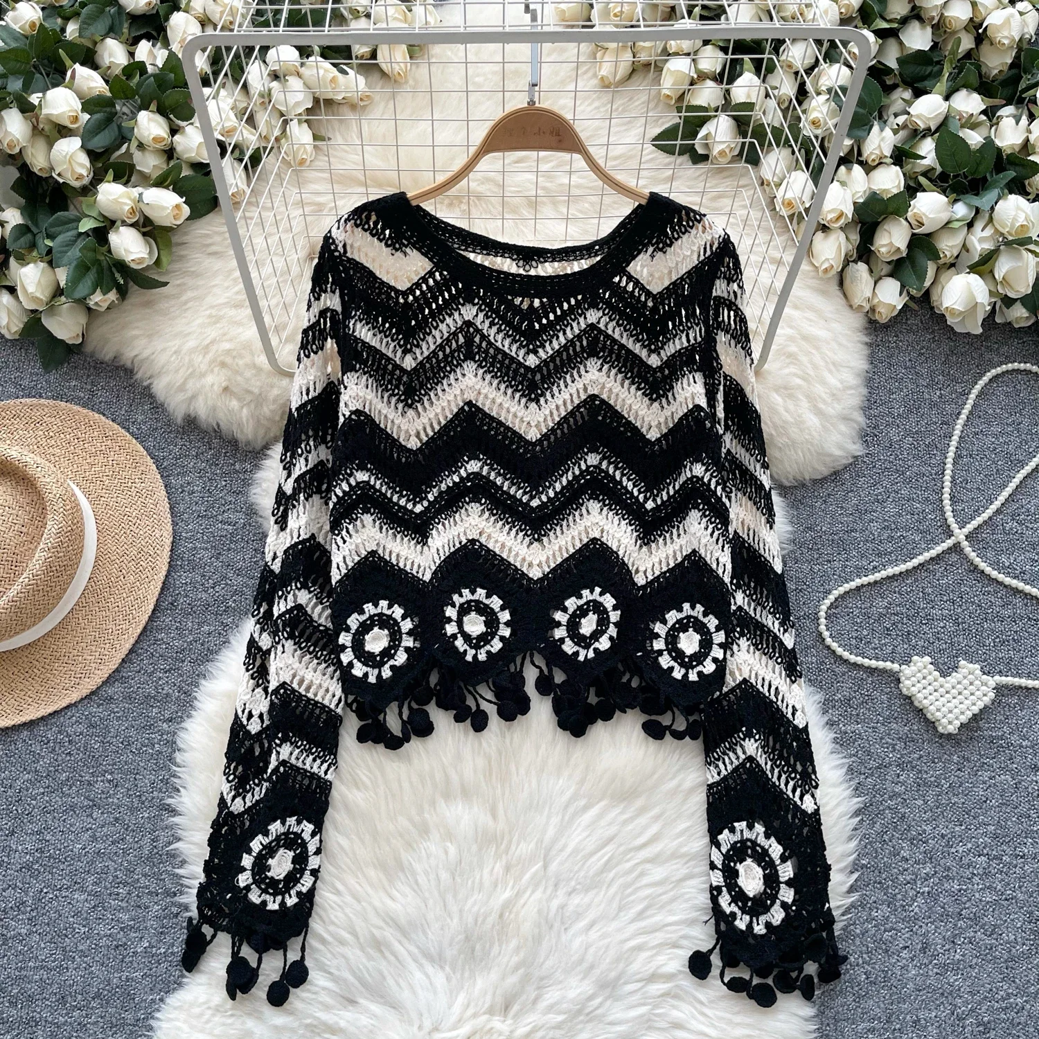 Elegant Hook Flower Hollow Out Sexy O-neck Basics Long Sleeve Chic Tassel Knit Top Women Slim High Street Autumn Winter Clothing