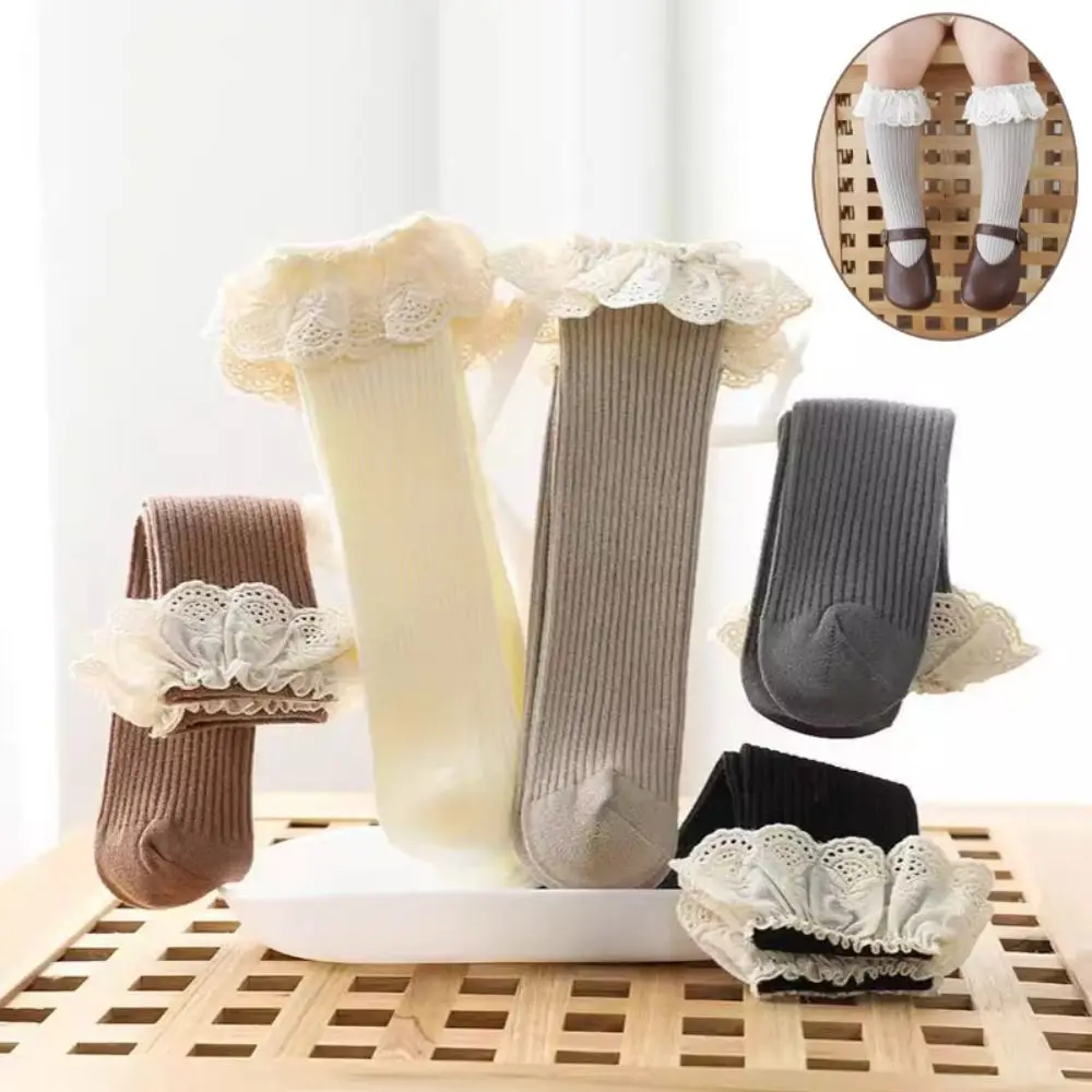 5Pairs Ruffled Edge Baby Calf Socks Baby Lace Trim Stripe Infant Cotton Stockings Long Tube Toddle Cartoon Above Knee Socks