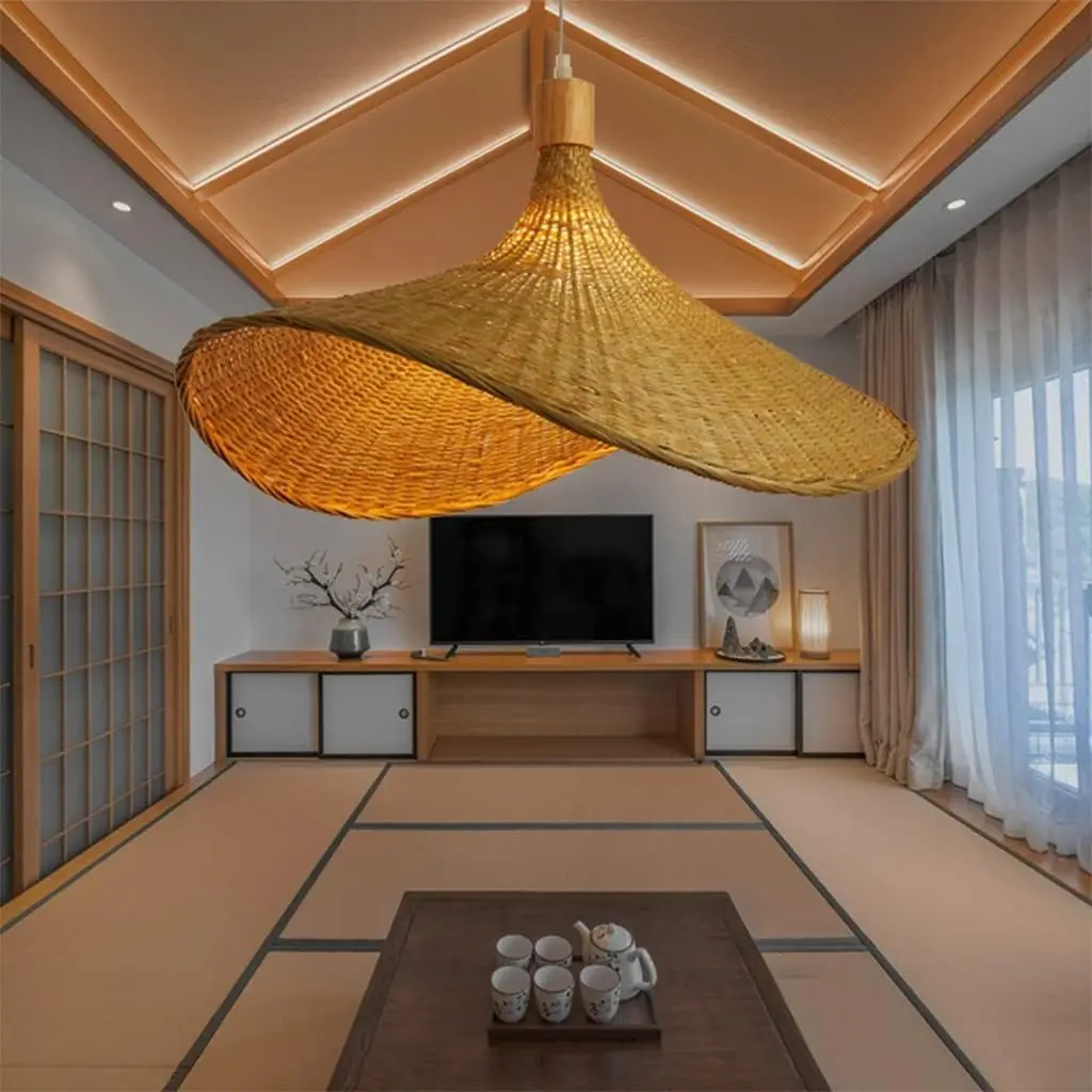 Lustre classique en bambou 50CM, lampe suspendue, luminaire en rotin fait main, luminaire suspendu en rotin tissé à la main, éclairage intérieur