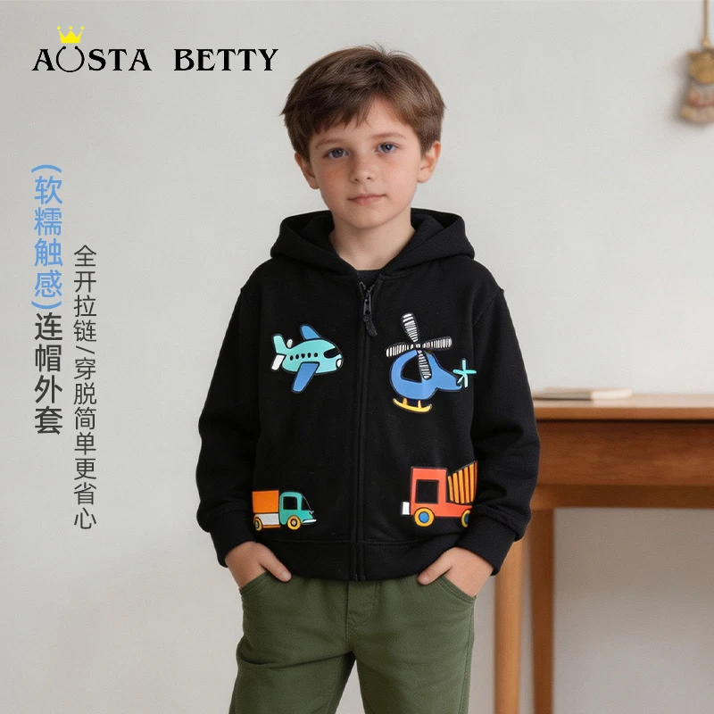 26 Autumn New Fashion Boys Hooded Cardigan Jacket Cartoon Airplane Print Small and Medium Toddler Zip-up Hoodie