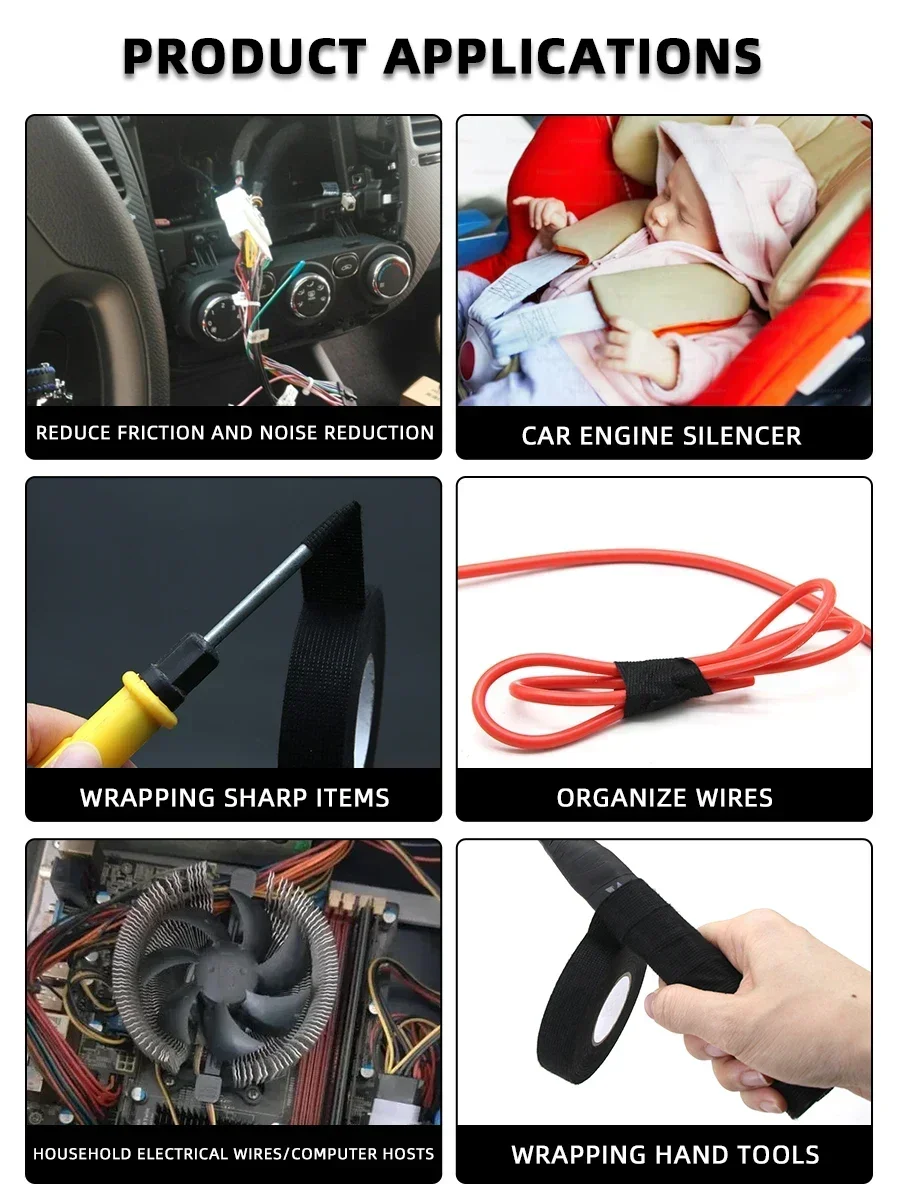 -40°C To 80°C 9-50mm Widths Heat Resistant Flannel Cloth Tape for Automotive Wiring  Black High Temp Adhesive Tape for Cable