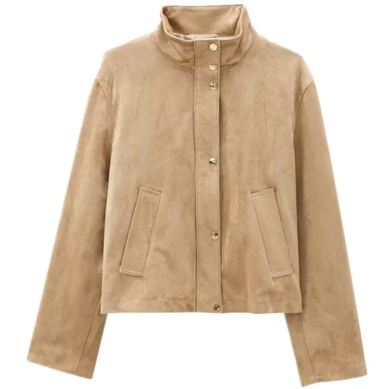 

Fall Winter New Arrival Women's Casual Long Sve High Collar Artificial Suede Jaet Coat Loose Fit Versatile Regular Length
