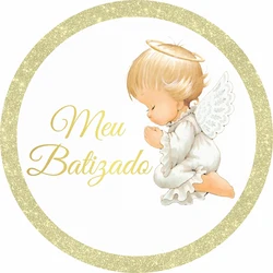 My First Communion Angel Round Backdrop Cover Gold meu batizado Photocall Baby Shower God Bless Background
