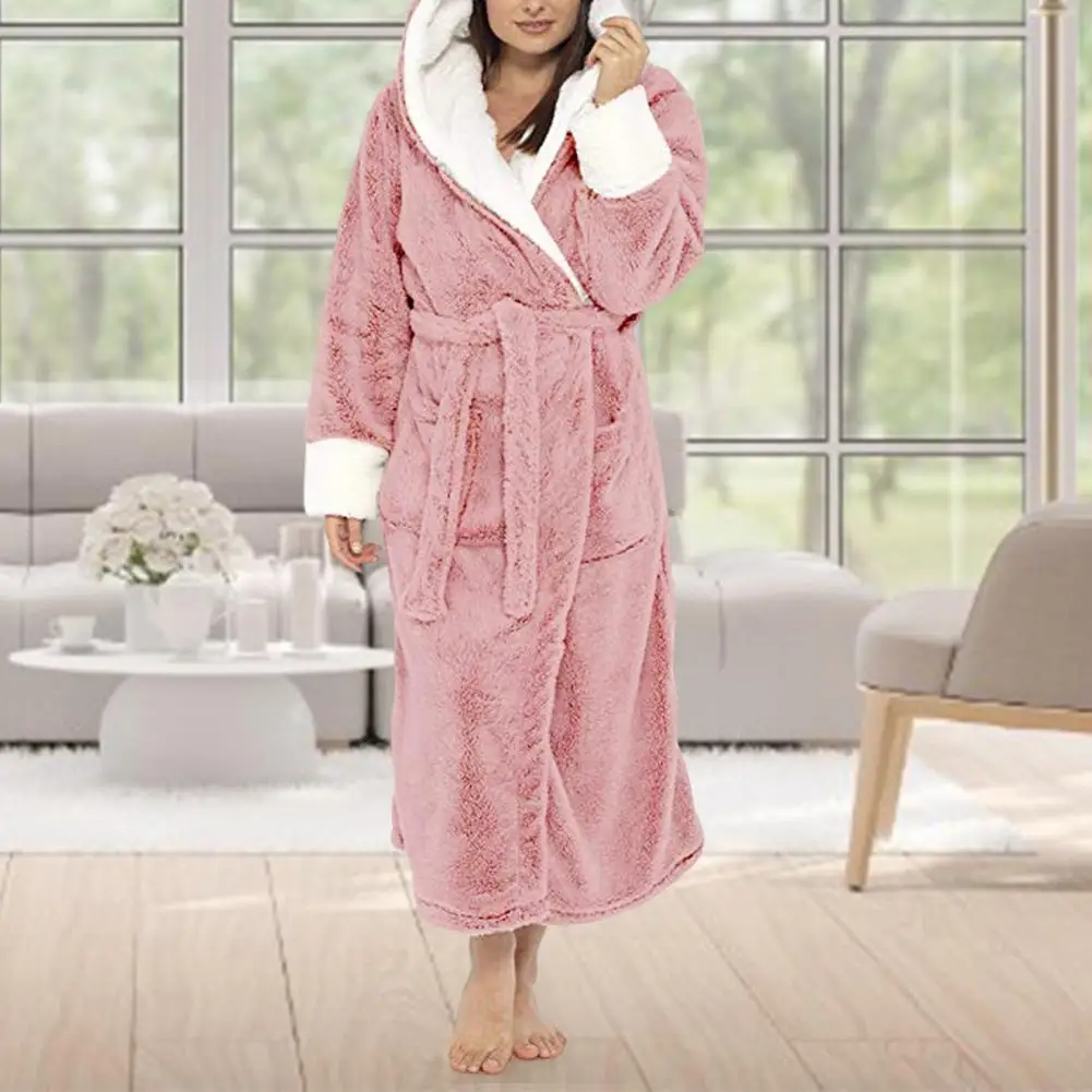 Autumn Winter Bathrobe Plush Women Nightgown Long Sleeves Thicken Hooded Warm Knee Length Plus Size Sleepwear Women Nightgown