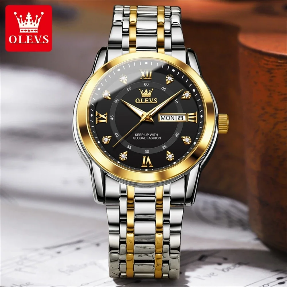 OLEVS 1pc High Quality Men Quartz Watch Luxury Diamonds Gold Watch Waterproof Luminous Stainless Steel Strap Business Men Watch