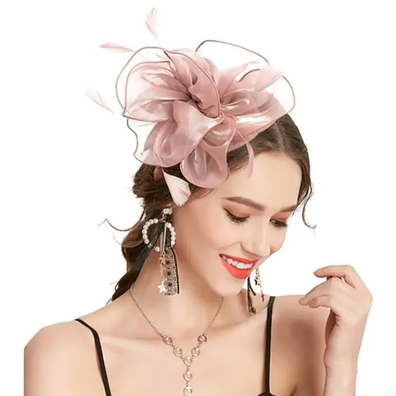 97QE Fascinator Veren kopstuk Vrouwen Fascinator Hoofdband Thee Hoofdband Cocktail Hoofdband Mesh Hoofdband