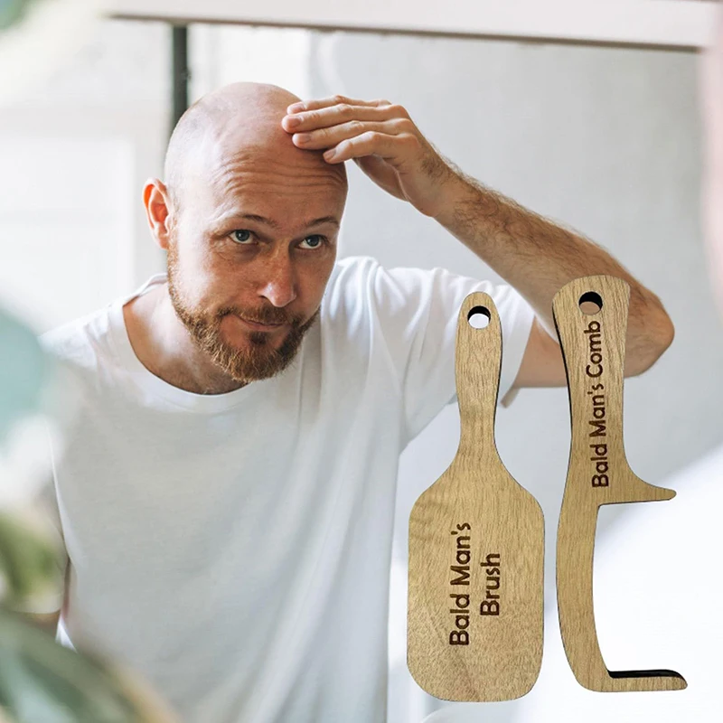 2PCS Gag Hairloss Joke Gift For Bald Man Funny Wooden Hairless Combing Brush And Toothless Comb For Men Hair Loss Christmas Gift