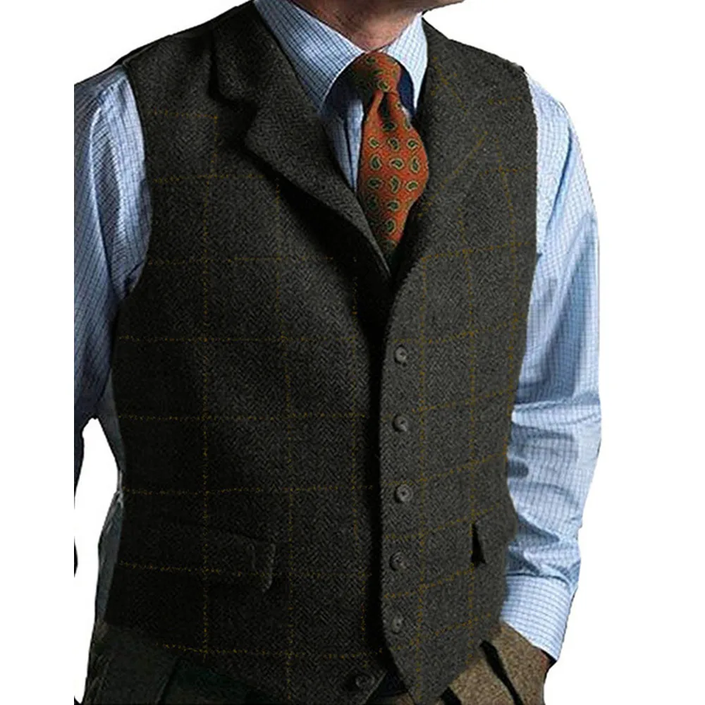 In Stock Men\'s Suits Vest Herringbone  Tweed Wool  Lapel Plaid  Tuxedo  Waistcoat For Jacket Groomsmen Vest For Wedding