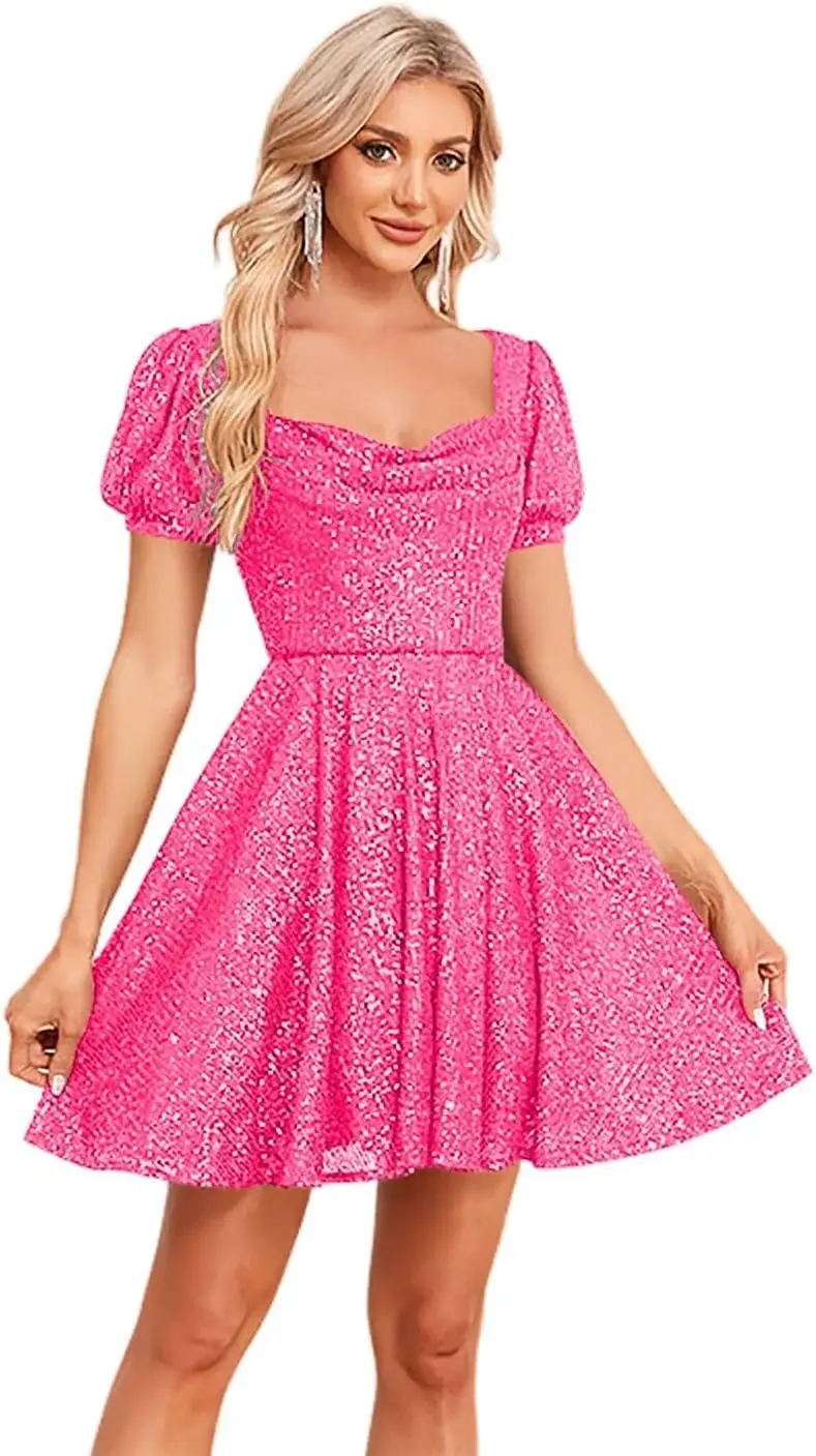 

Youth Shiny Glitter Short Sleeve Mini Dress 2025 Back to School Formal Cocktail Party Evening Gown for Club Events