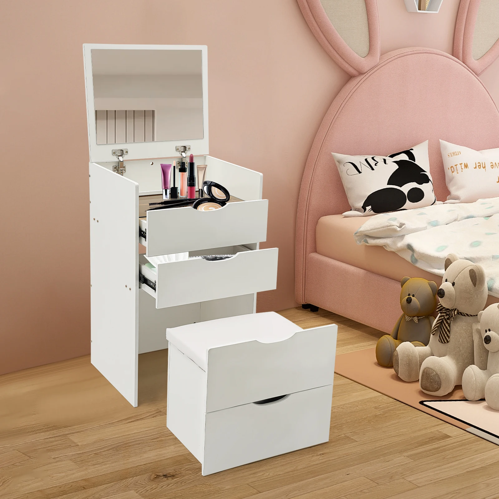 Makeup Vanity Table with 3 Drawers Dressing Table with Foldable Mirror Vanity Stool For Bedroom 40*48*80cm image 2