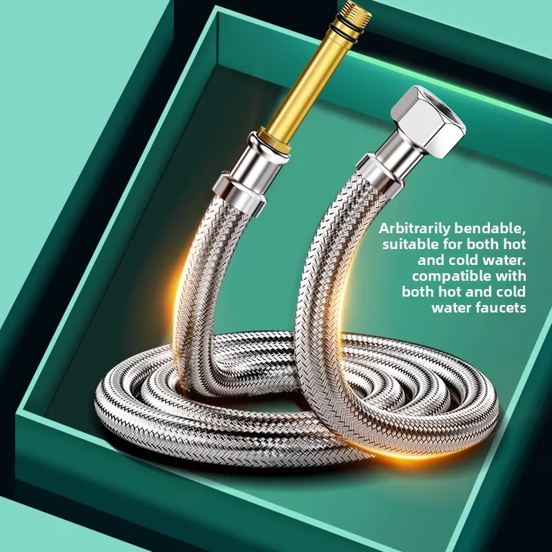 خرطوم صنبور مضفر 304 SS - مقاوم للانفجار، مانع للتسرب، صامولة ثقيلة، موصلات ساخنة/باردة قابلة للانحناء، ذهبي/فضي