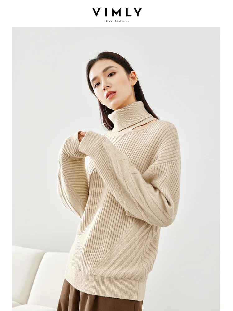 Vimly Turtleneck Hollow Out Knitted Sweater 2023 Winter Thick Warm Loose Pullovers High Strecth Female Jumpers Knitwear 72620