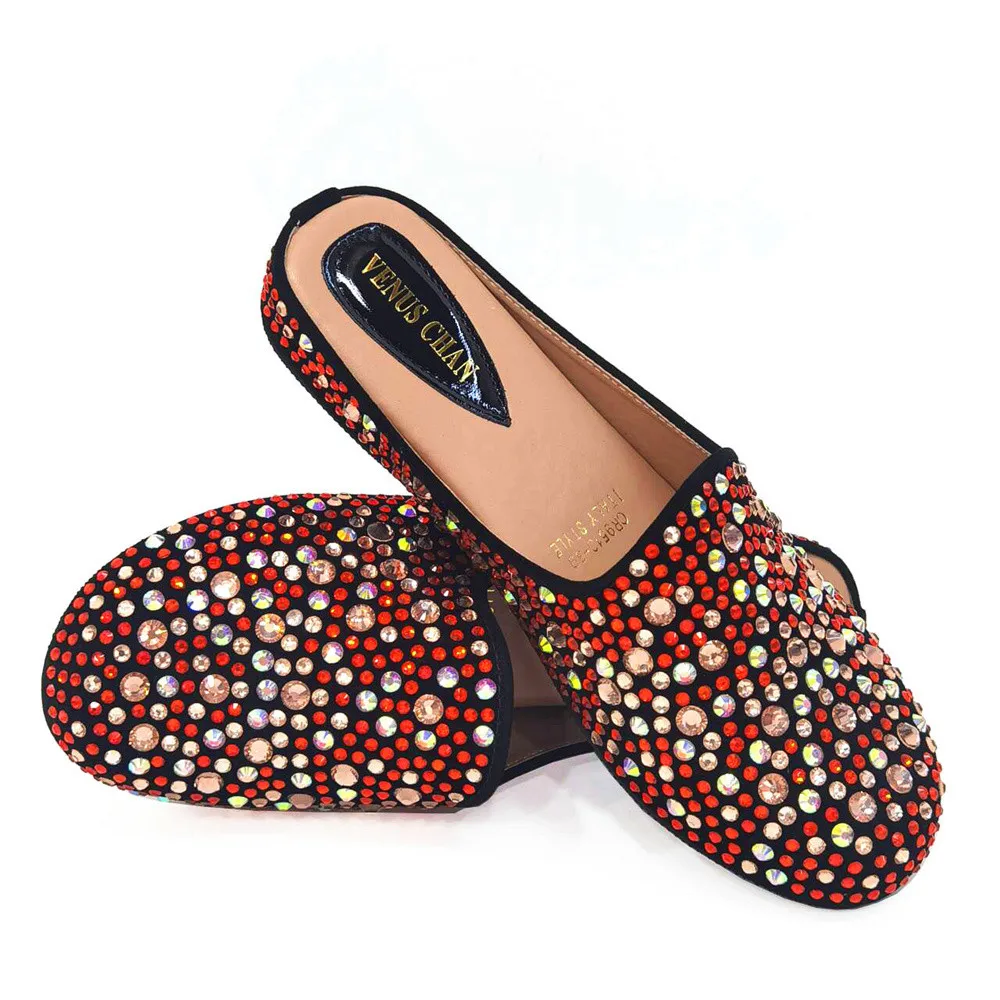 

Half Slippers Fashion Italian Top Designer 2024 Luxury Round Toe Bright Diamonds Set Spring Summer Women's Flat Shoes