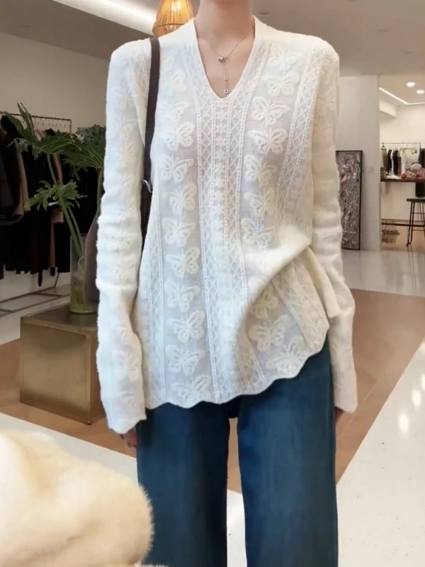 Loose Women's Knitted Lace Hook White Top Summer Autumn Fashion French Style Soft Cotton Long Sleeve V-Neck T-Shirt