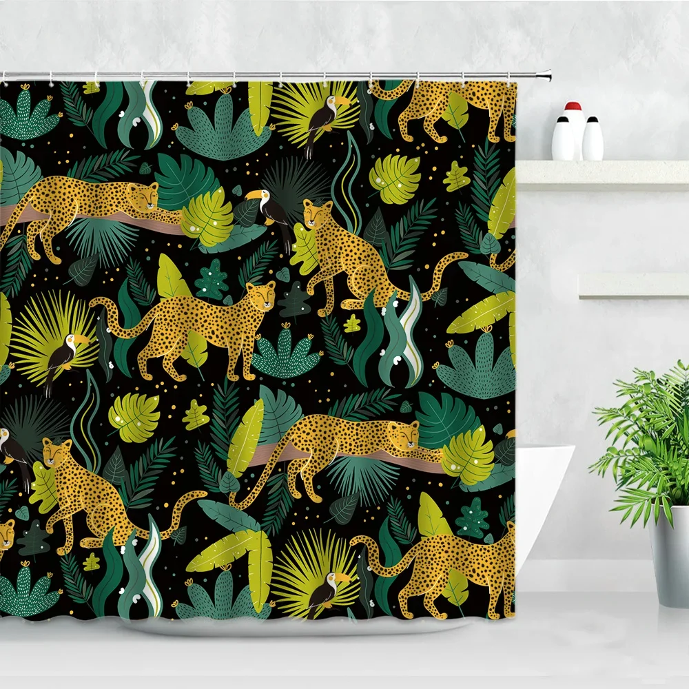 Plant Africa Leopard Shower Curtain Tropical Palm Leaf Zebra Toucan Flamingo Jungle Wild Animal Bathroom Decor Bath Curtains Set