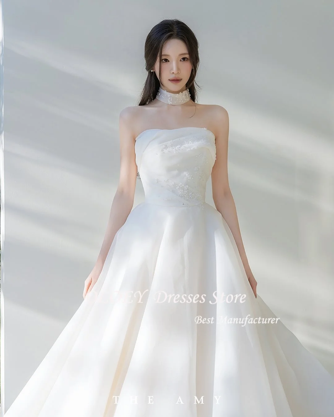 

OLOEY Princess Silk Organza A Line Wedding Dresses Photo shoot Strapless Beads Floor Length Bridal Gowns Korea Customized Corset