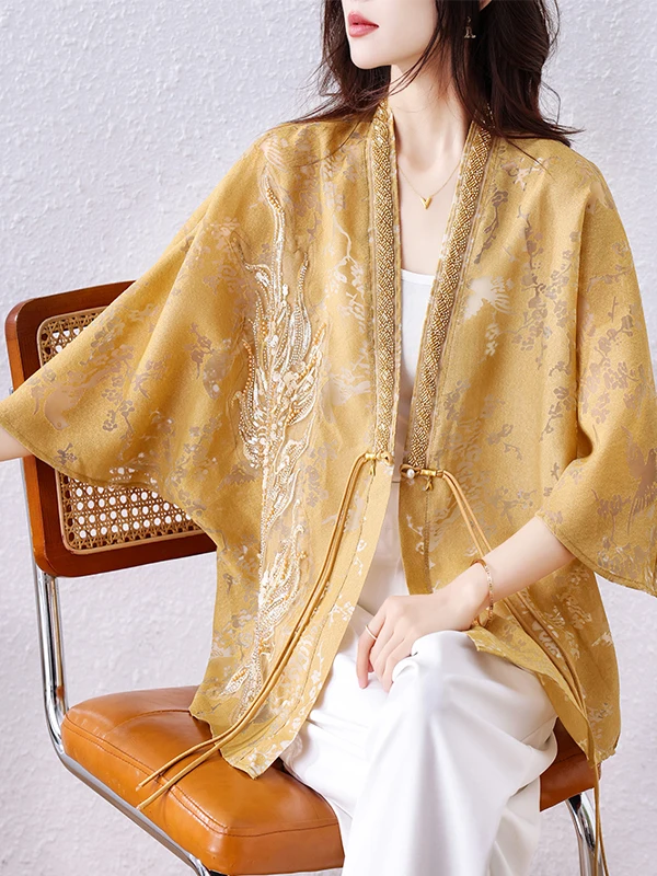 Nowy damski luźny kardigan typu nietoperz z wycięciami, stylizowany na chińskie moda, modny, otwarty, letni, na lato, odzież wierzchnia, 2025