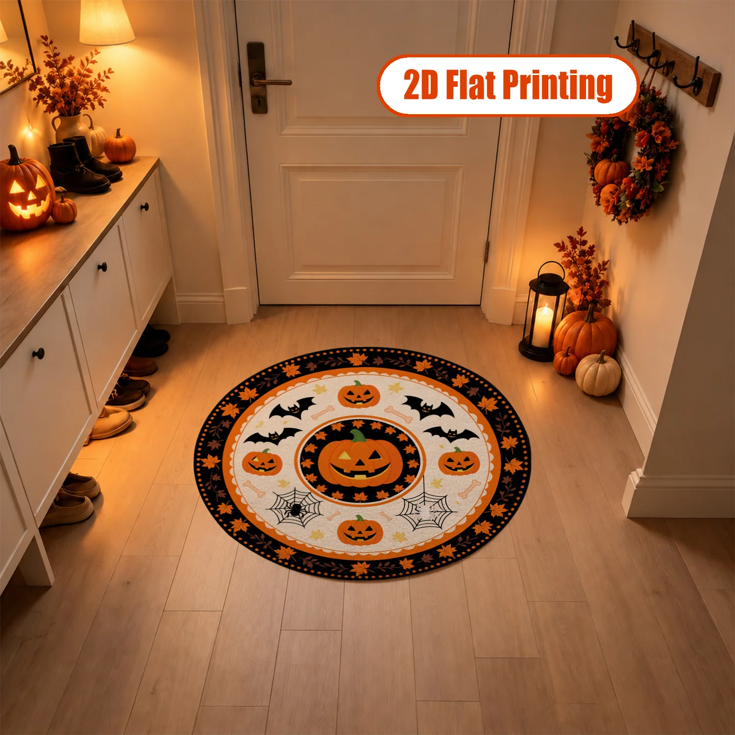 Halloween Pumpkin Bat Spider Cobweb Round Velvet Area Rug, Machine Washable Soft Durable Floor Mat for Living Room, Bedroom, Entryway, Dining Area, Perfect for Halloween, Thanksgiving, Christmas, New Year, Black Friday, Cyber Monday Home Decor